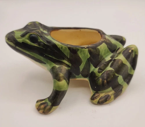 Vintage Brush McCoy USA Frog Bull Frog Planter Hand Painted Green Black 6"
