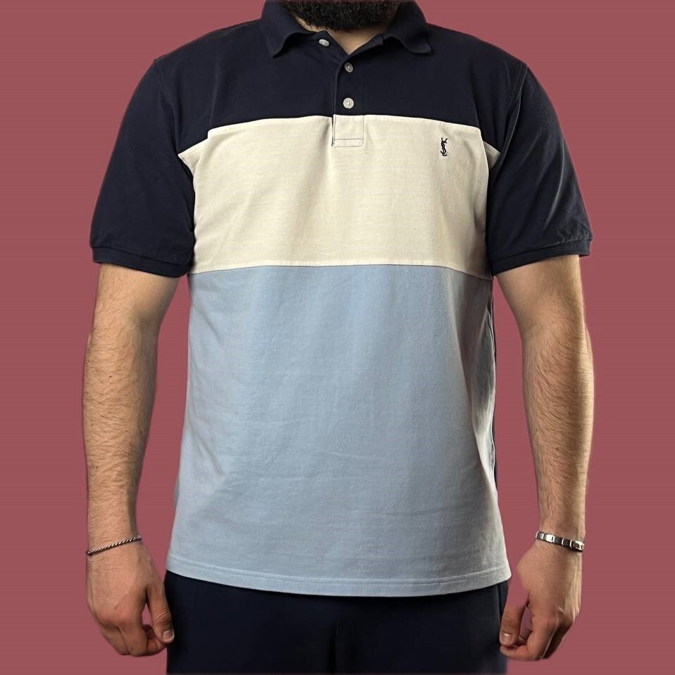 Polo Yves Saint Laurent Vintage Uomo Color Block XL Blu e Bianco Lusso