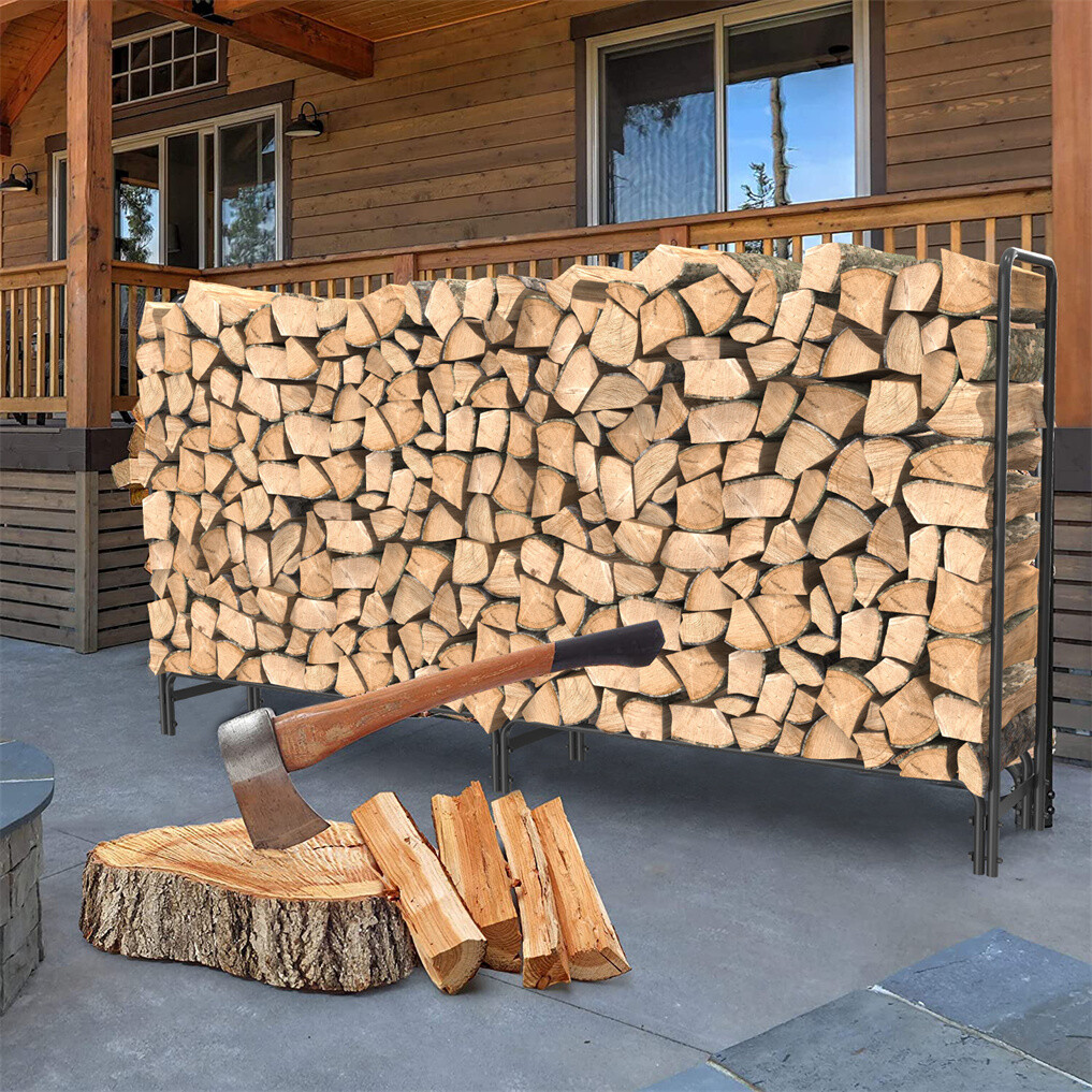 8FT Wrought Iron Firewood Rack Outdoor Heavy Duty Lumber Log Stacking Storage Boltzmann