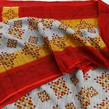 Vintage Sari Red Gray Printed Pure Cotton Sarees Craft Fabric Soft 5Yd Sewing