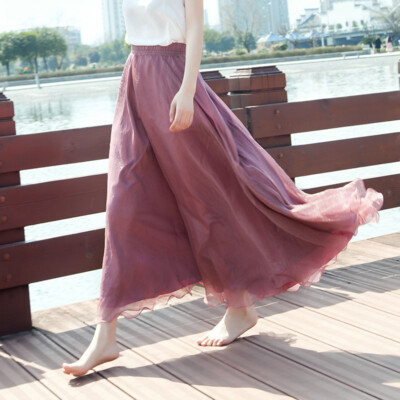 Women Chiffon Long Skirt Pleated Swing Boho Mori Ethnic A-line Ruffle Dress
