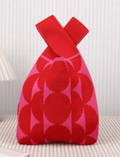 Knit Wristlet Or Handle Pouch Bag Purse Lightweight Foldable  Pink / Red Circles