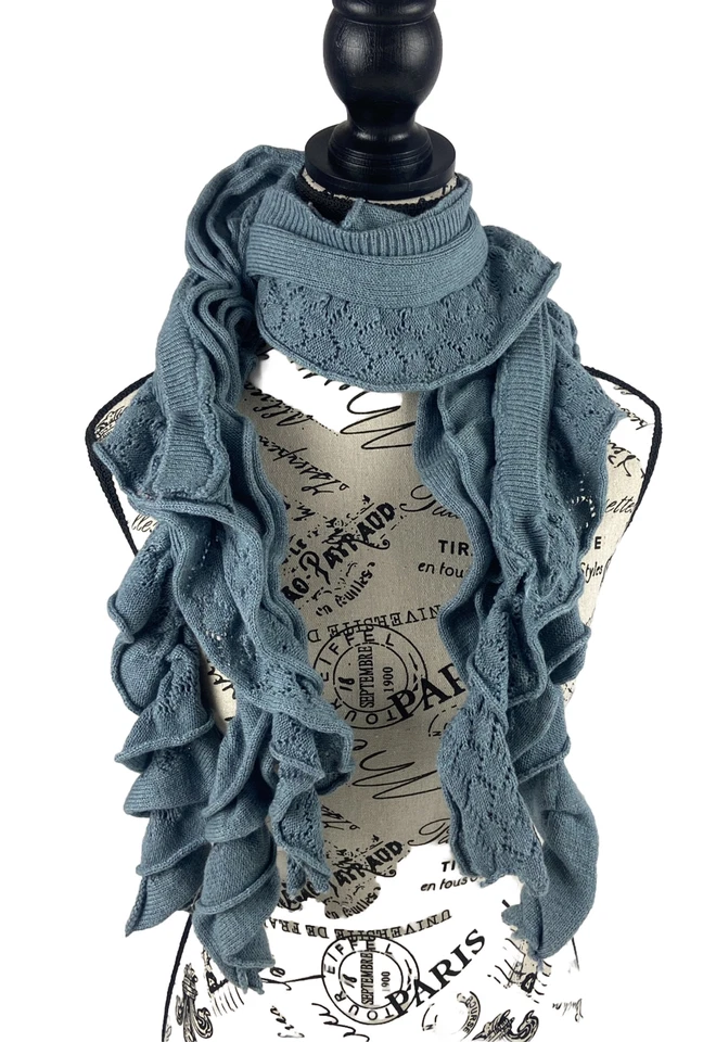 J. Mclaughlin Mujer Volantes Bufanda Crochet Cachemira Lana Flecos Boho Azul Foto 2 de 4