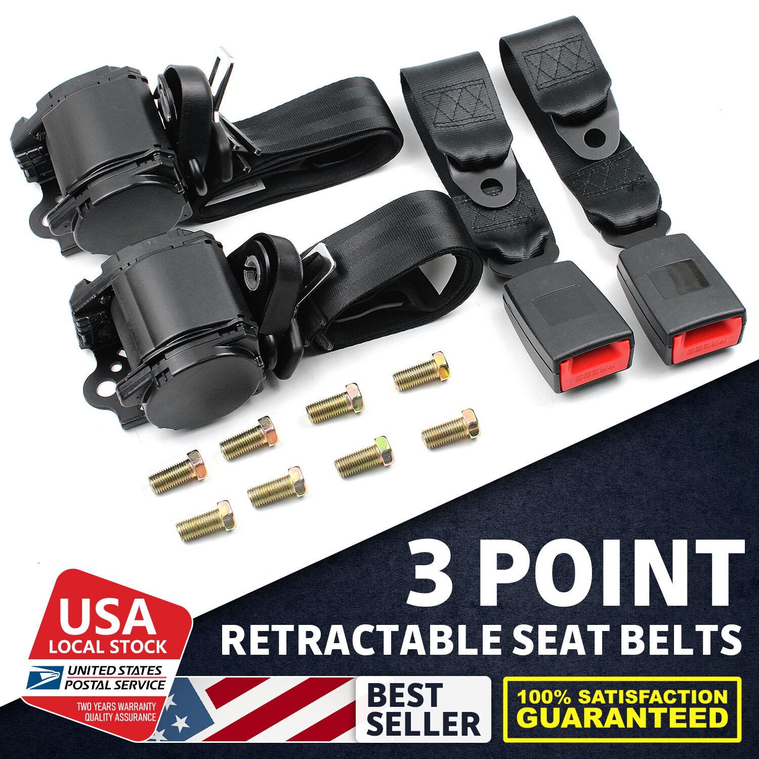 2 Retractable 3 Point Safety Seat Belt Straps Car Vehicle Adjustable Belt Kit