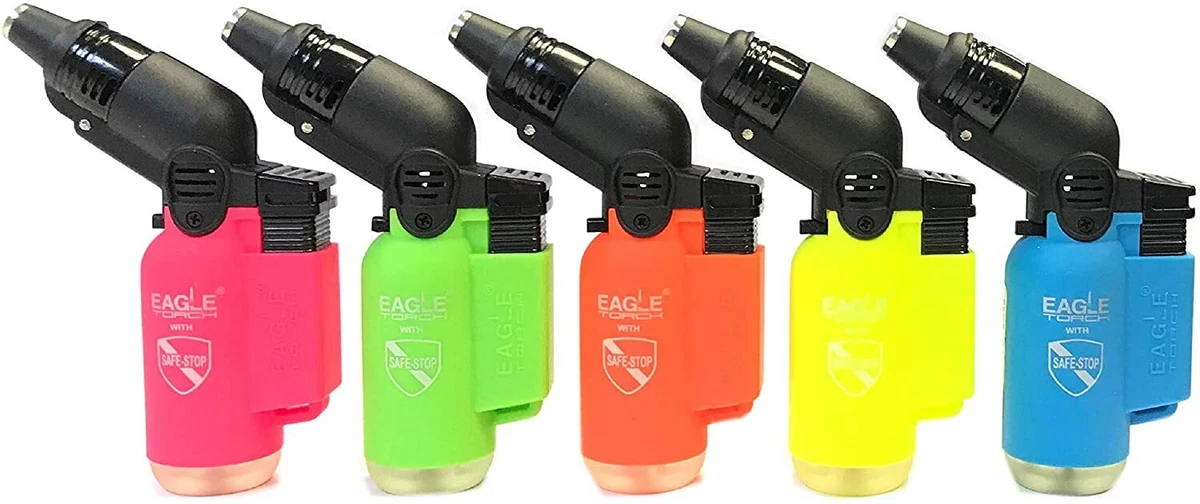 5 Pack Eagle Torch W Tamper Neon Color 45 Degree Butane Refillable Lighter