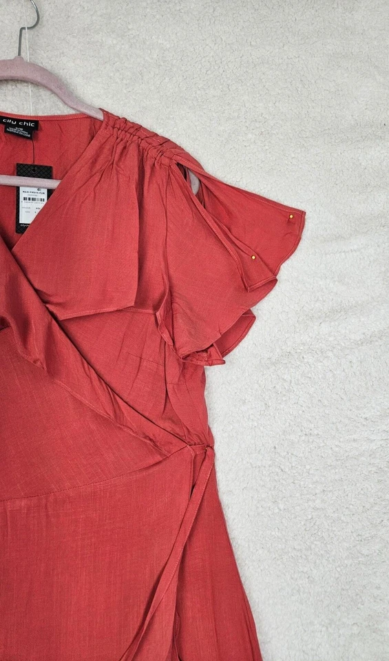 City Chic Women Dress S/16 Red 100% Viscose Wrap Tie Short Slit Sleeve Maxi Fit - Image 3 of 4