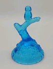 Fenton Blue Glass Owl on Tree Branch Cabbage Rose Base Ring Holder Height 4 3/4"