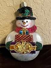 Old World Christmas Glitter  Snowman With Presents  Glass Blown Ornament   4.5  