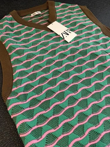 Zara Men’s V-Neck Sleeveless Knit Sweater Vest Striped Green Pink Brown S/M image 3