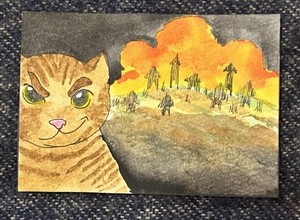 ACEO “i 100% did that shi” by javatiem original watercolor/ink cat fire  #2/3
