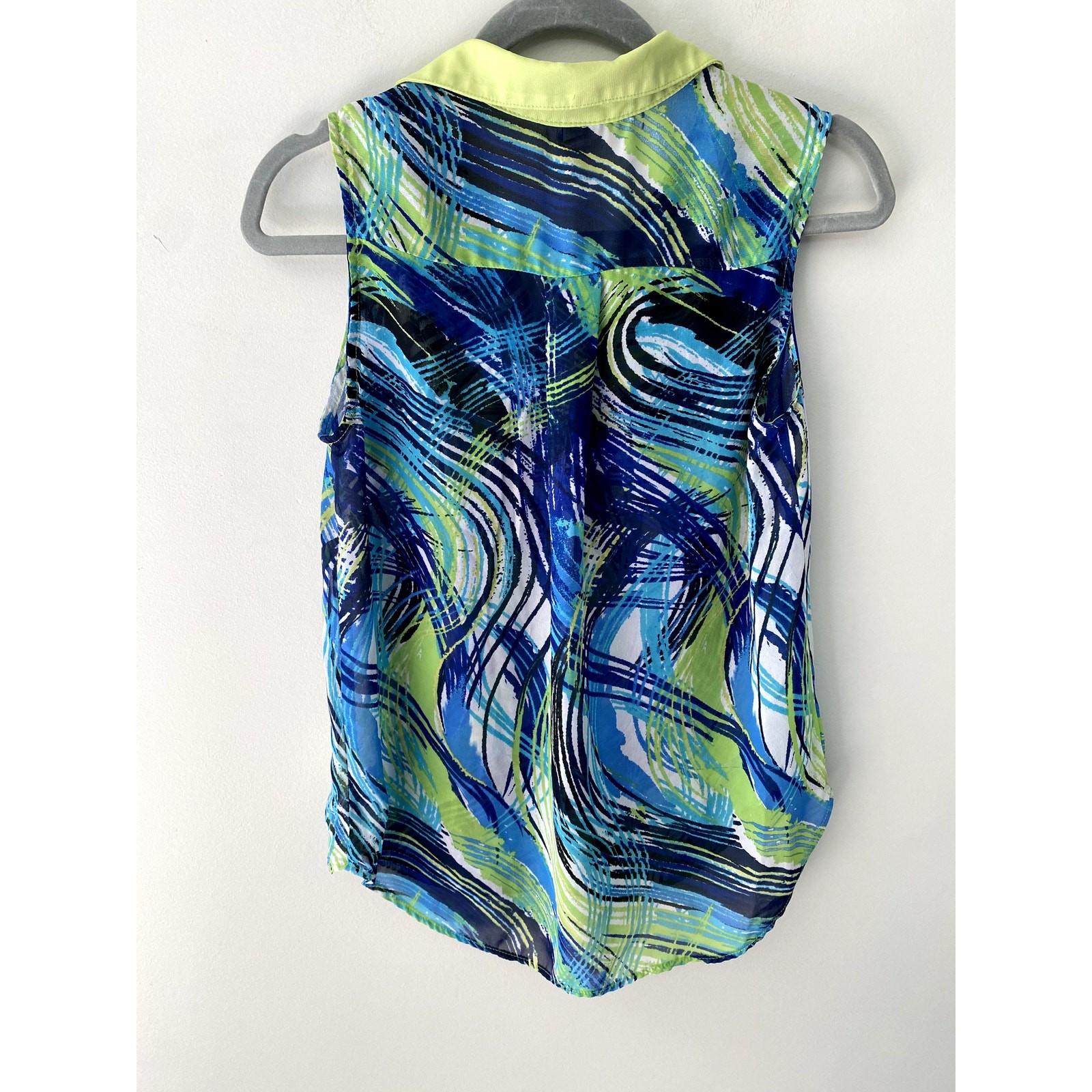 Y2K Wrapper Collared Button-up Green and Blue Pat… - image 5