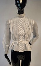 EDWARDIAN WHITE HIGH COLLAR BLOUSE W EMBROIDERED HEART  LEAF PATTERN FRONT
