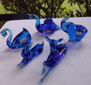 Pilgrim Art Glass LOT of FIVE Paperweights Cobalt Hand Blown Glass Figurines