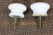 2 Old Cabinet Knobs Drawer Small Pulls Door White Porcelain 7/8" 1800’s Vintage