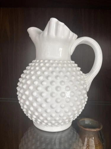 Vintage Fenton White Milk Glass Ruffled Hobnail Pitcher with Ice Lip 9 1/2" tall