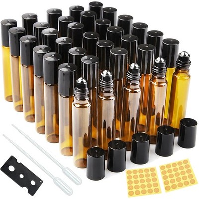 Glass Roll-on Bottles, Compatible with Aromatherapy, 10ml, 35pcs, Brown