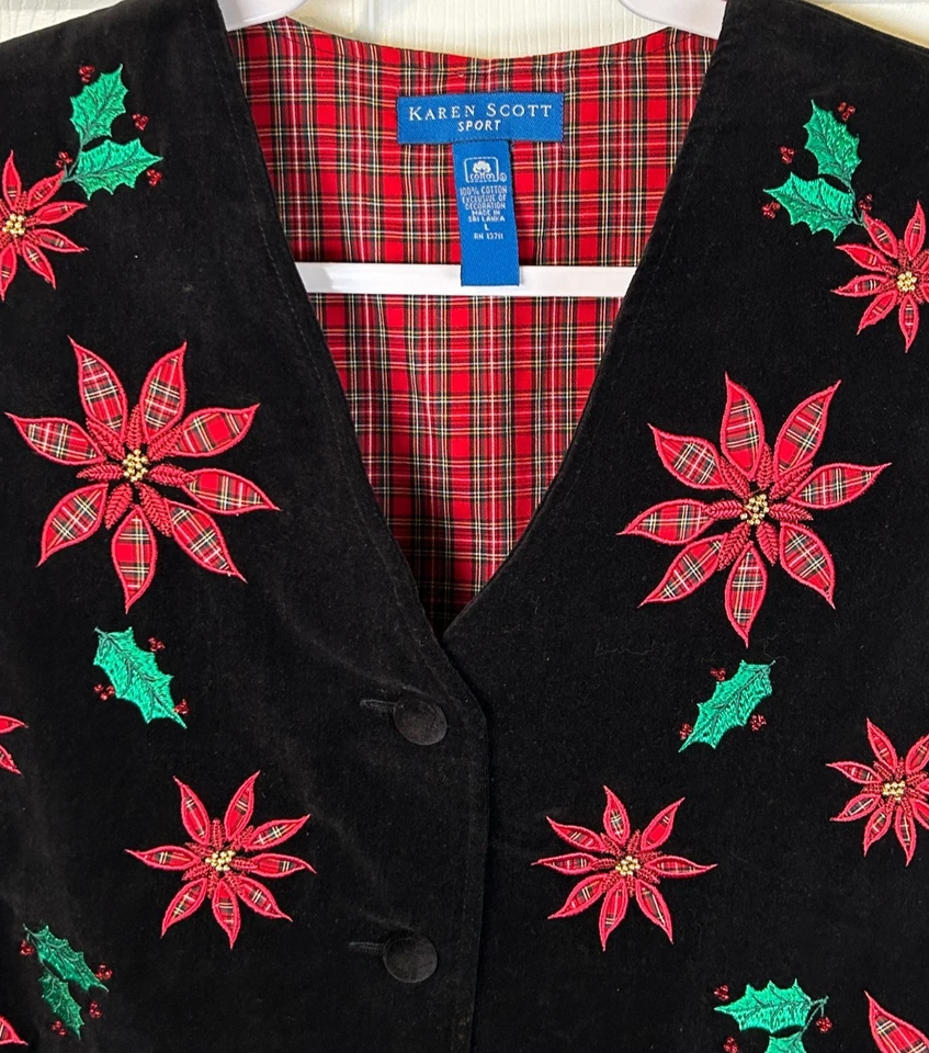 Vtg Velvet Ugly Christmas Vest Womens L Karen Scott Black Embroider Tartan Plaid - Image 2 of 4