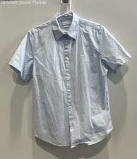 Calvin Klein Mens Sky Blue White Slim Fit Short Sleeve Button-Up Shirt Size M