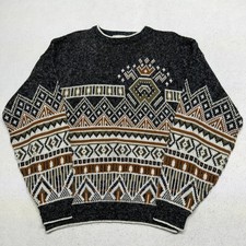 Vintage Sears Mens Store 90s Geometric Tribal Knit Sweater XL Charcoal Gray