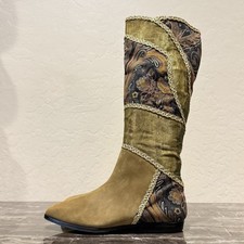 Vintage Italian Leather and Tapestry Ribbon Trimmed Patchwork Boots