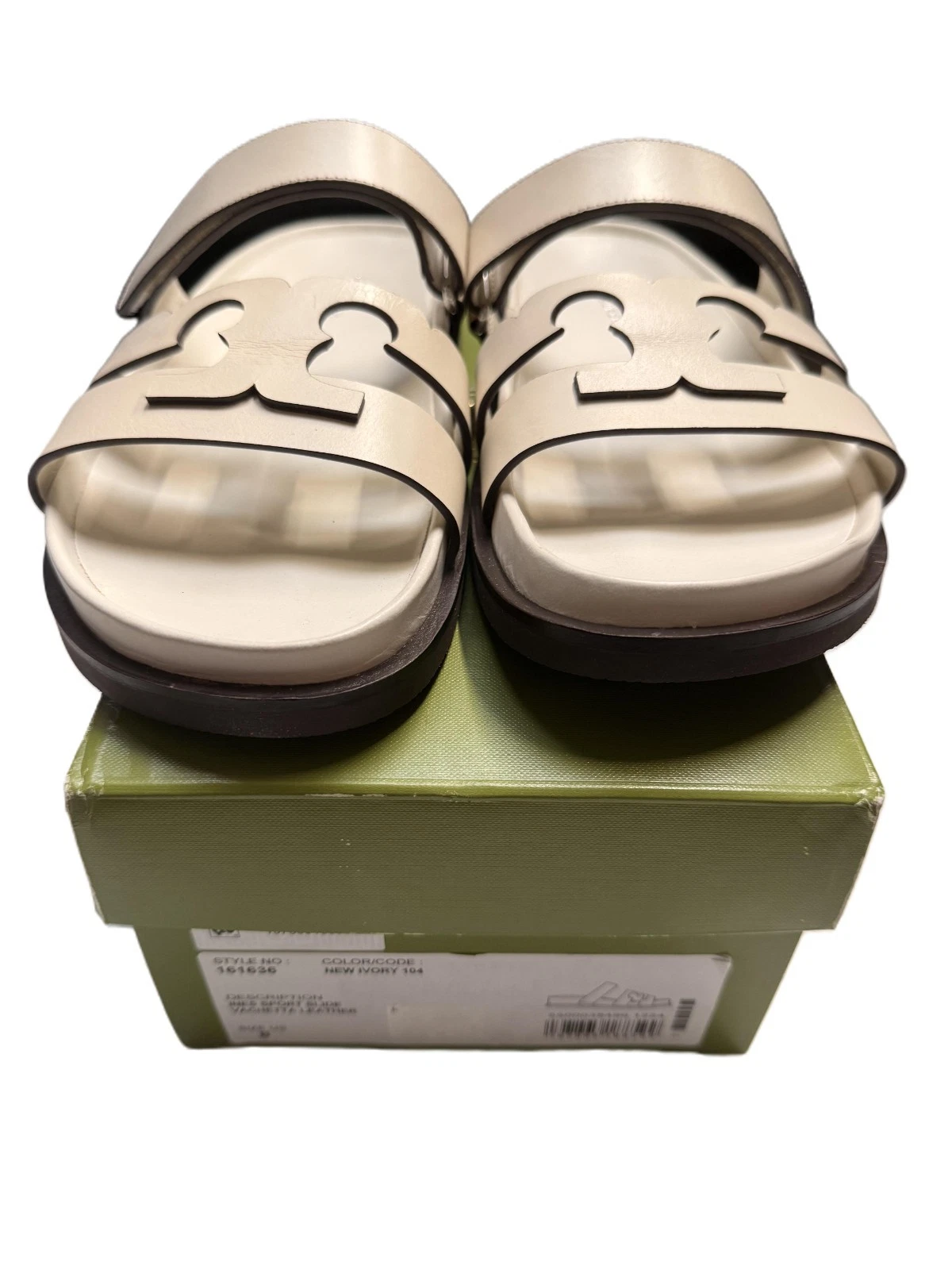 Tory Burchines Leather Double T Sport Slide Sandals White with Logo Size 8
