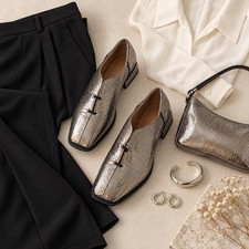 ALL BLACK Women's Silver Crackle Leather Slip-On Loafer Flats Square Toe EU 36