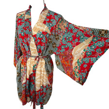 Josie Natori Patchwork Kimono Robe Sz L Short Boho Floral Belted Red