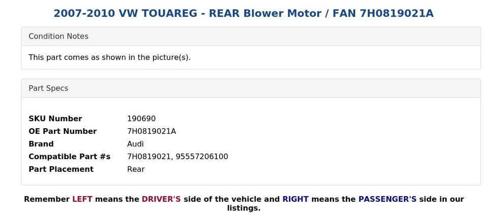 VW TOUAREG 2007-2010 - motor soplador trasero / ventilador 7H0819021A Foto 4 de 4