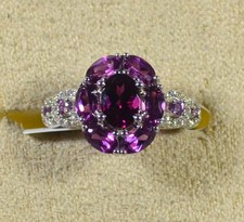 RASPBERRY RHODOLITE GARNET-WHITE ZIRCON-HALO-SIZE 7 RING-RHODIUM/STERLING SILVER