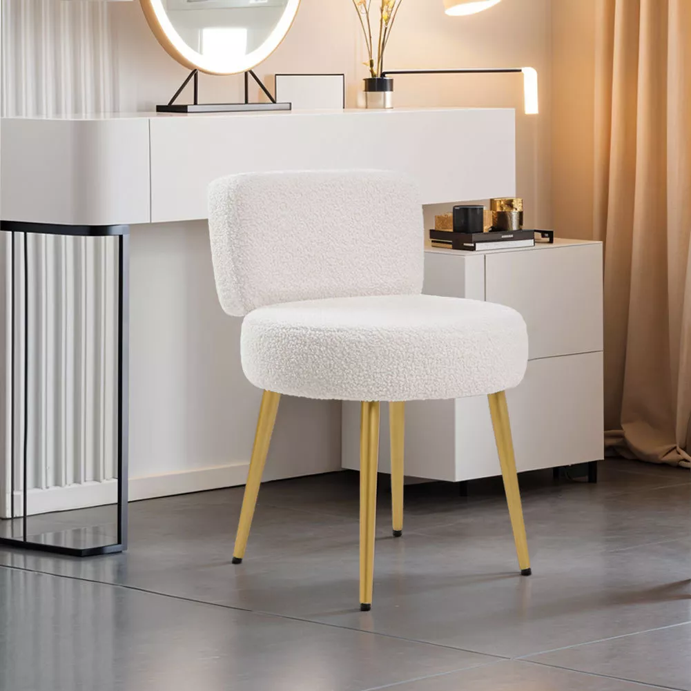 Beige Teddy Vanity Stool Bedroom Dressing Table Makeup Chair Low Back Gold Legs