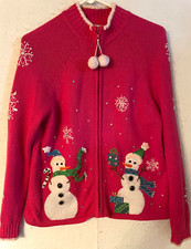 Tiara International Snowman Womens Ugly Christmas Sweater Cardigan Pink Full Zip