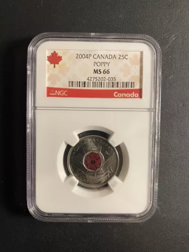2004P CANADA 25 CENT NGC MS66 UNCIRCULATED QUARTER WITH COLORIZED POPPY
