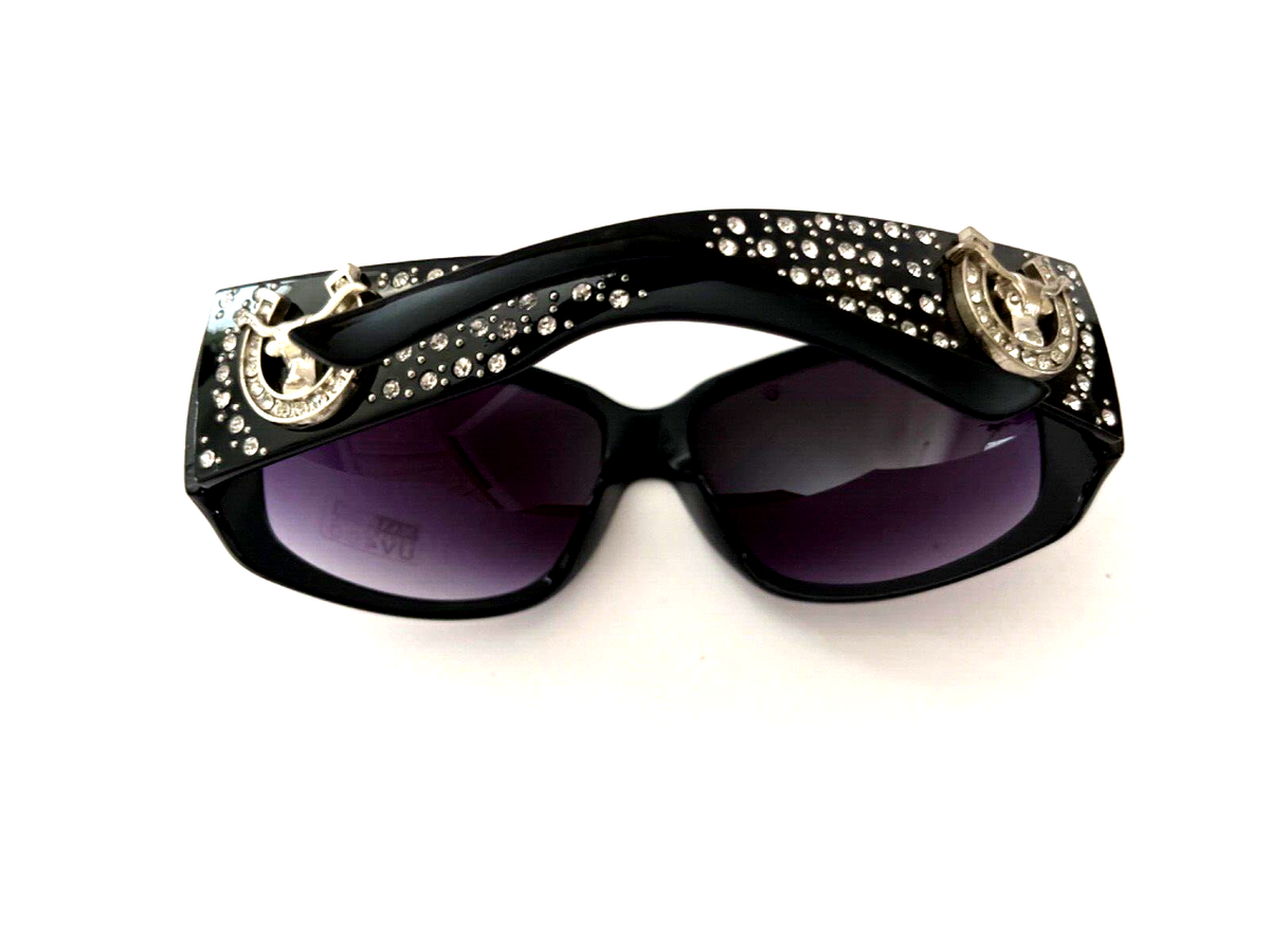 Silver Dashing Horses Sunglasses in Black w/Rhinestone Accents Womens Bling Western Style Silver Horseshoe/Steer With  main image 4