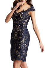 JOVANI ~ Navy Lace Illusion Mesh Cap Sleeve Formal Sheath Party Dress 0 NEW $400