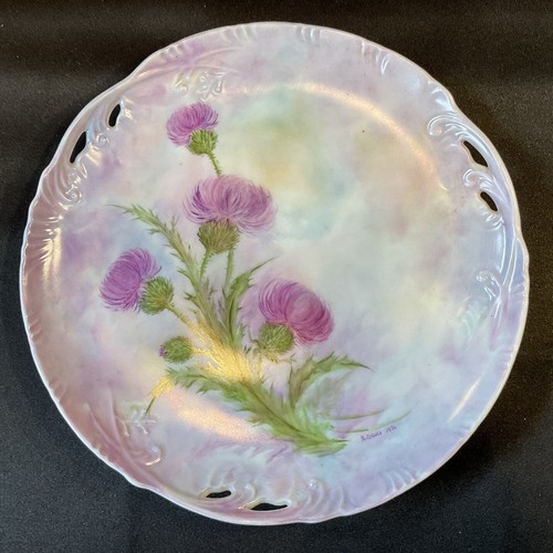 Vintage Hand-Painted Reticulated Plate Purple Floral Thistle Signed N Gross 1976 - Picture 1 of 6