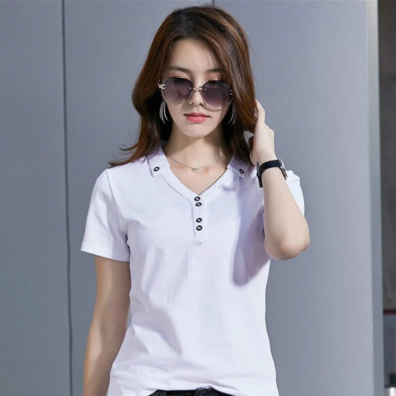 Femme Habill Affaires T Shirt Col V Manche Courte Bouton Haut Avant Slim Casual