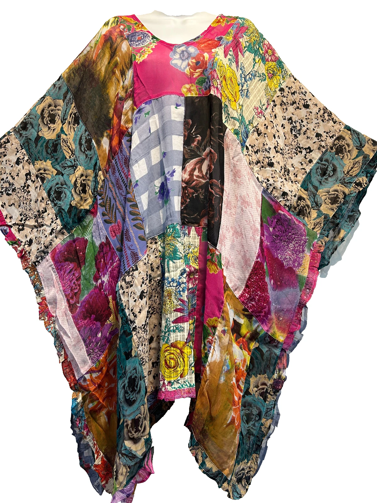 Nwt FUNKY STUFF boho patch ruffle sheer PONCHO TOP COVERUP O/S fits L XL 1X