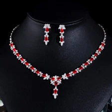 Silver Plated Cubic Zircon Red Crystal Party Flower Necklace Earring Jewelry Set