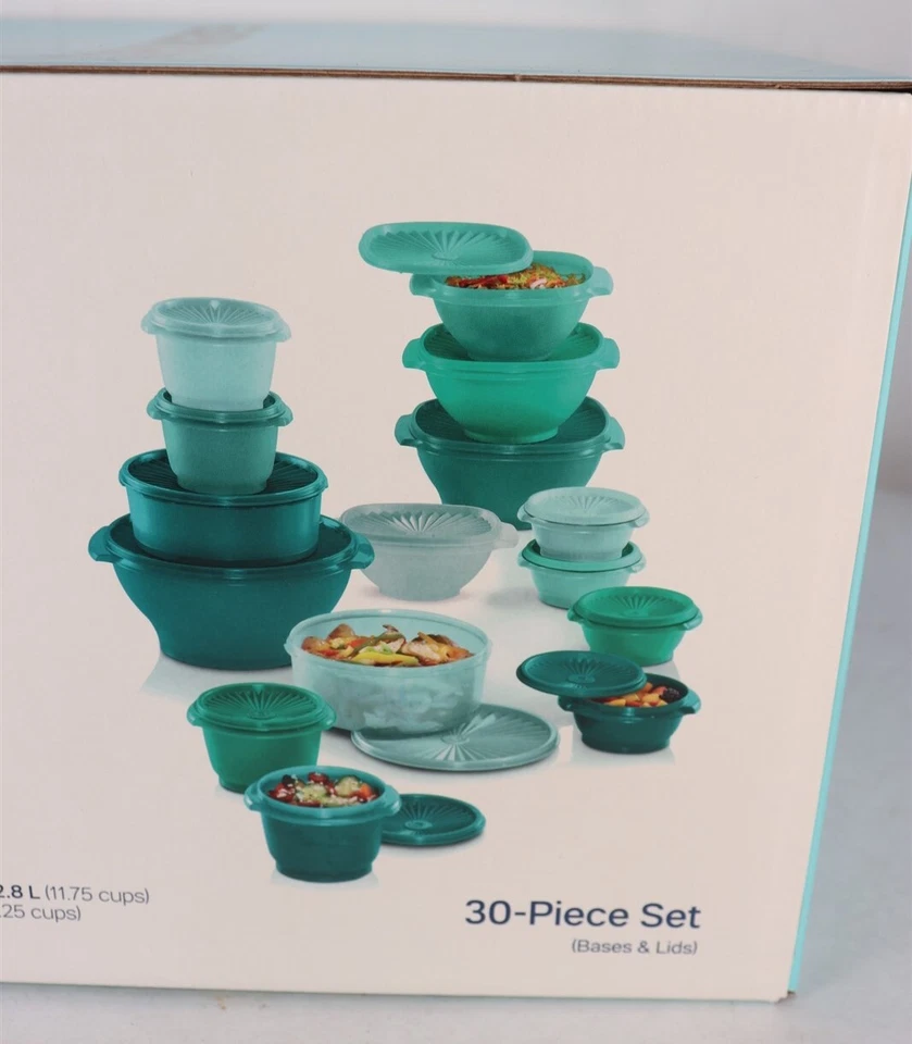 Tupperware Heritage Juego de cuencos todo en verde azulado Juego de 30 piezas (bases y tapas) Nuevo Foto 4 de 4