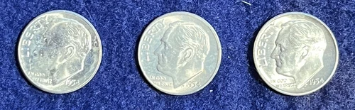 1954 PDS BU Silver Roosevelt Dimes Set of 3 Coins from Original Rolls!