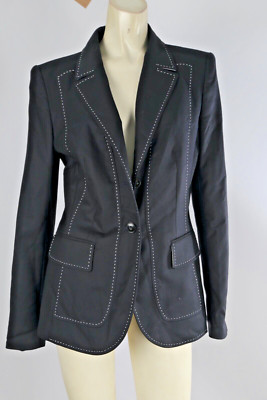 Escada Black White Stitched Trim Longline Tailored Blazer Germany Classic 38