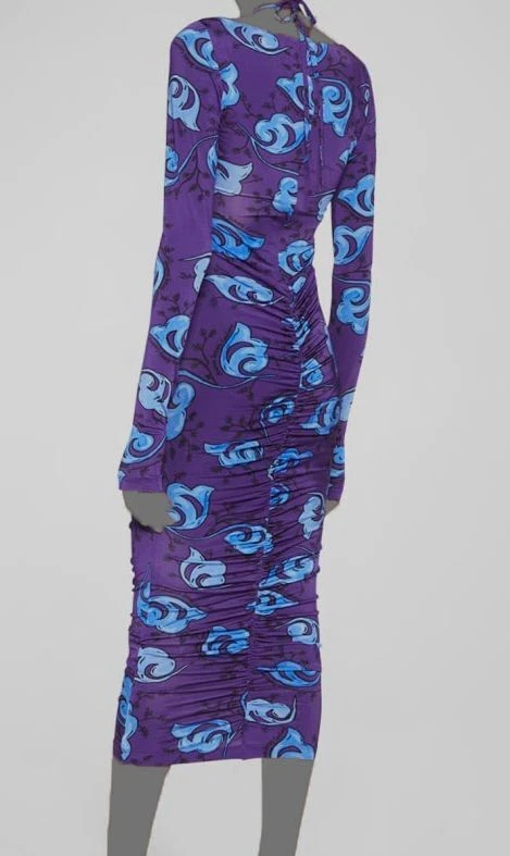 Abito midi Versace jeans couture da donna viola stampa ramoscello $751 taglia 38