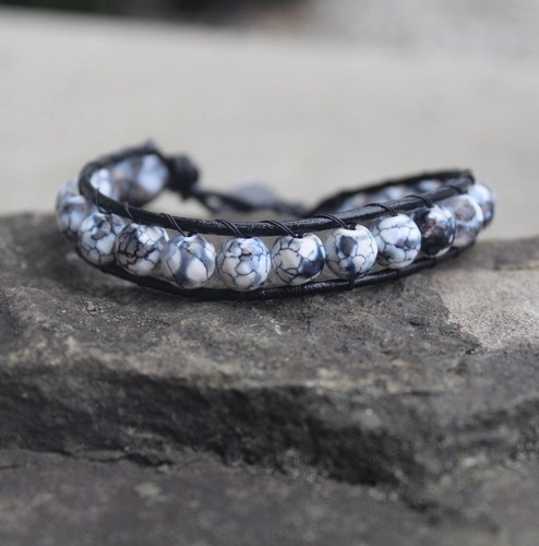 Men's 8mm Natural Fire Agate Black Leather Beaded Bracelet Handmade USA - Picture 2 of 5