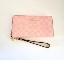 Coach CEC20 Long Zip Around Wallet Signature Coated Canvas Powder Pink Wristlet