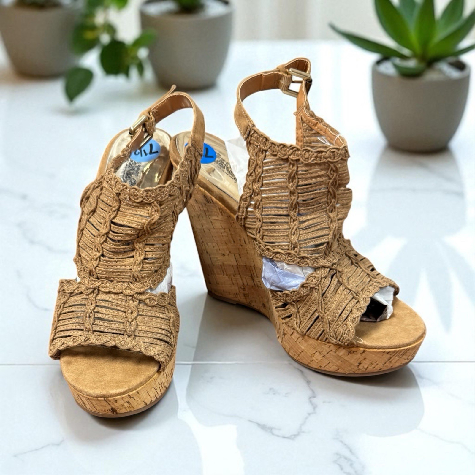 APL Carlos Santana donna sandali plateau marrone taglia 7 5 tacco gomma tessuto.!