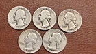 Lot of 5 Silver Washington Quarters  (1936-1951) – 90% Silver – Circulated