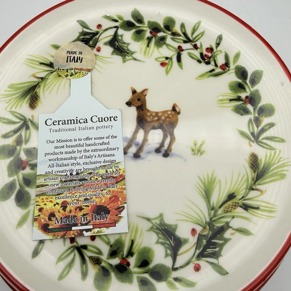4 platos de ensalada de cerámica Cuore de 8" ciervo cervatillo Italia borde rojo bayas de acebo Foto 2 de 4