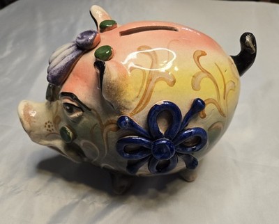 Handmade Decorative Ceramic Piggy Bank Colorful Odd Unique 8'' Long