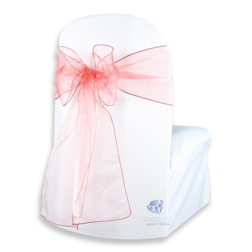 50 pcs Organza Chair Cover Bow Sash 108"x8" - Coral - Wedding Party Banquet db