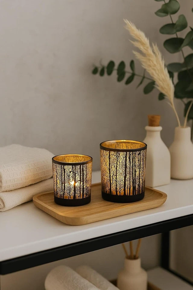 Windlichter Set 2-teilig Glas Waldmotiv Herbst Advent Weihnachten - Bild 2 von 4